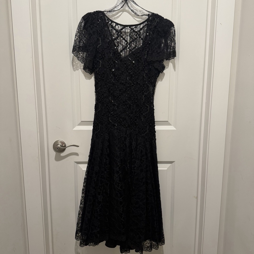 Vtg HW Collections Lace Dress Black Open Back Fit-Flared Size S/M
